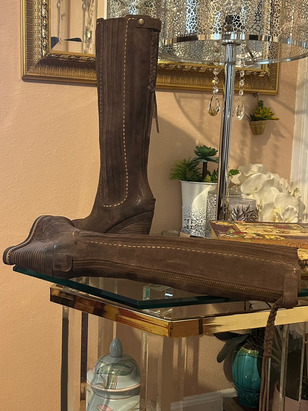 Ariat Brown Suede Leather Wedge Knee-High Boots with Braided Tassel Zipper Sz 7 - Picture 9 of 16